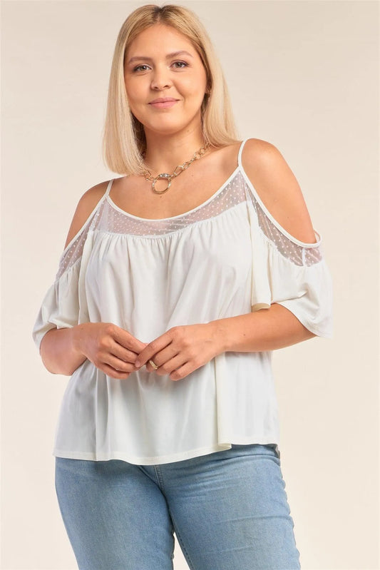 Junior Plus Size Ivory Relaxed Fit Off-The-Shoulder Polka Dot Mesh Hem Babydoll Top /2-2-2 - Tasha Apparel Wholesale