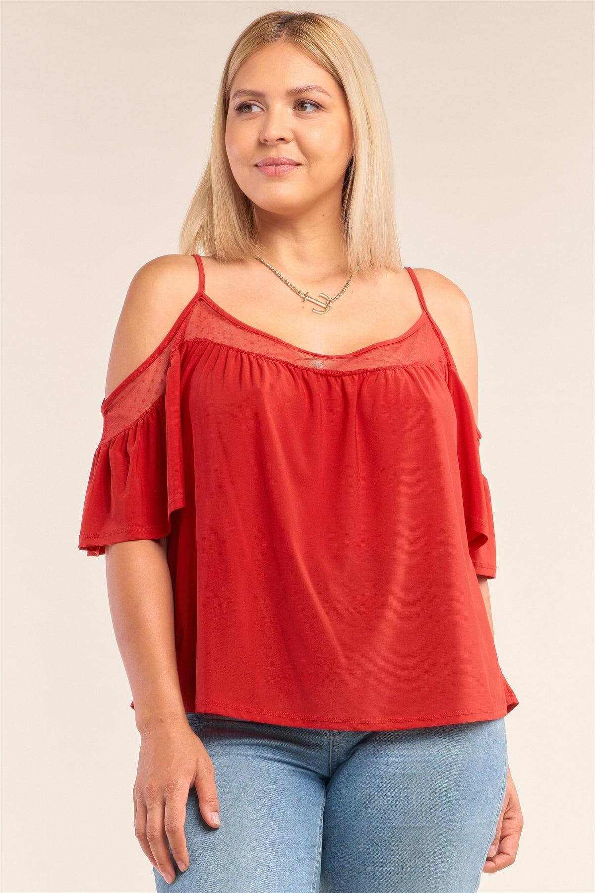Junior Plus Size Red Relaxed Fit Off-The-Shoulder Polka Dot Mesh Hem Babydoll Top /2-2-2