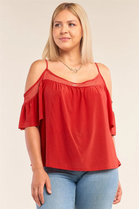 Junior Plus Size Red Relaxed Fit Off-The-Shoulder Polka Dot Mesh Hem Babydoll Top /2-2-2 - Tasha Apparel Wholesale