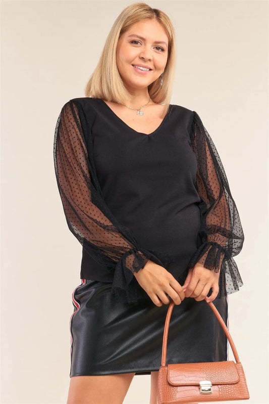 Junior Plus Size Black Relaxed Fit Deep Plunge V-Neck Long Polka Dot Mesh Balloon Sleeve Top /2-2-2 - Tasha Apparel Wholesale
