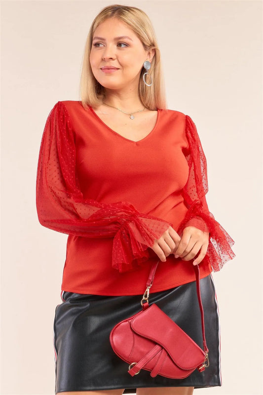 Junior Plus Size Red Relaxed Fit Deep Plunge V-Neck Long Polka Dot Mesh Balloon Sleeve Top /2-2-2 - Tasha Apparel Wholesale