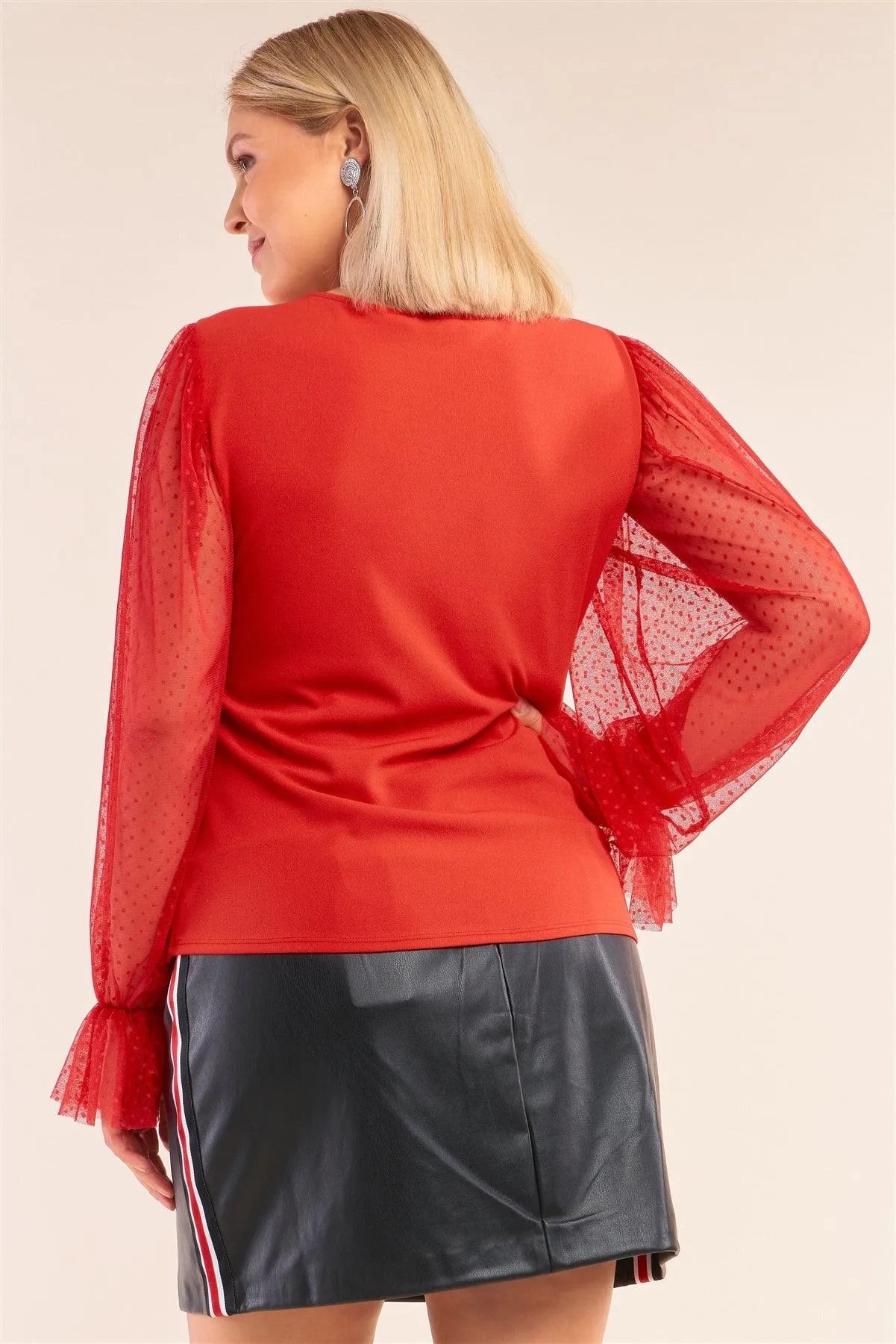 Junior Plus Size Red Relaxed Fit Deep Plunge V-Neck Long Polka Dot Mesh Balloon Sleeve Top /2-2-2 - Tasha Apparel Wholesale