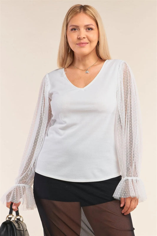 Junior Plus Size White Relaxed Fit Deep Plunge V-Neck Long Polka Dot Mesh Balloon Sleeve Top /2-2-2 - Tasha Apparel Wholesale