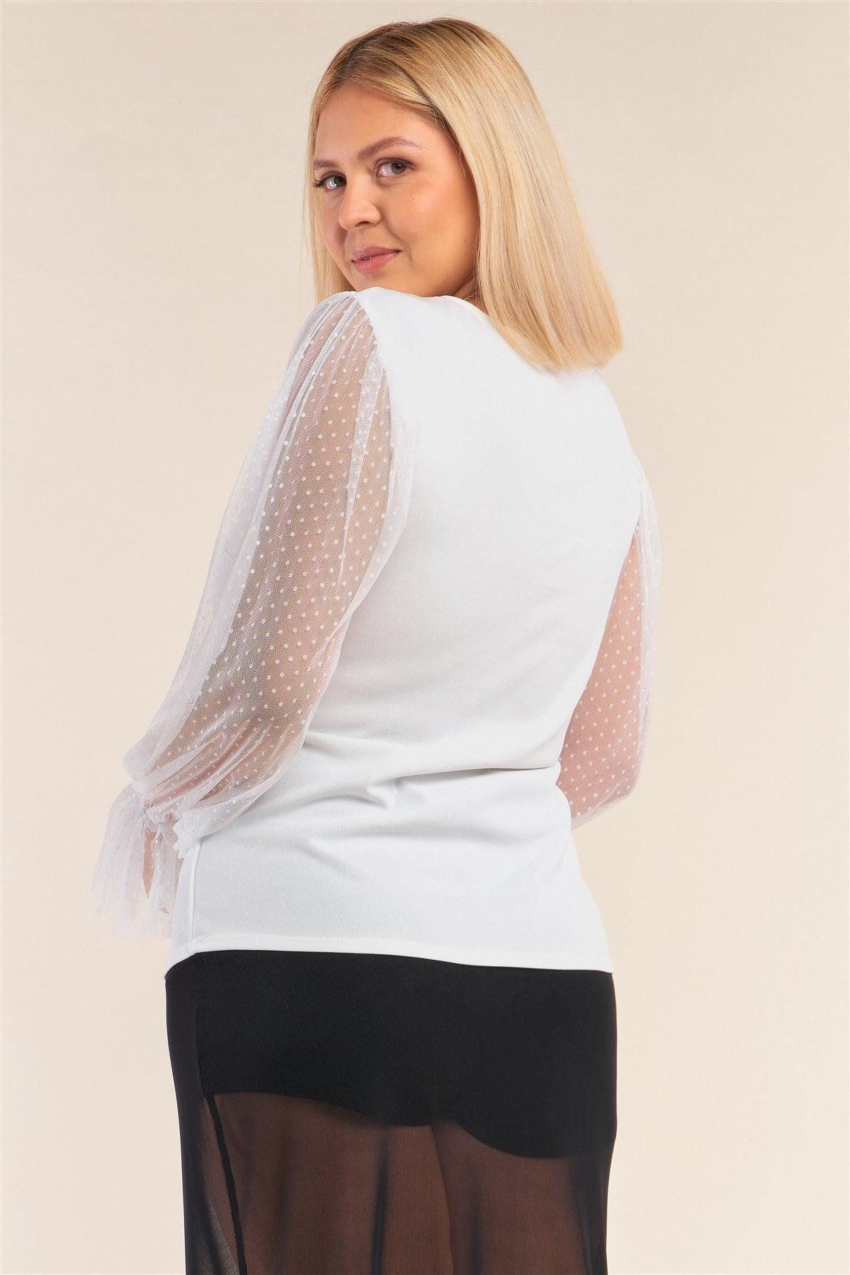 Junior Plus Size White Relaxed Fit Deep Plunge V-Neck Long Polka Dot Mesh Balloon Sleeve Top /2-2-2