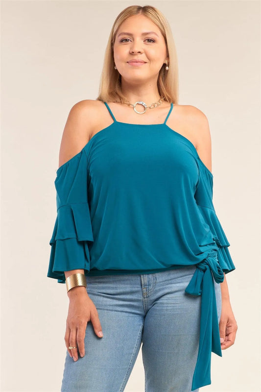 Junior Plus Size Teal Sleeveless Off-The-Shoulder Layered Angel Sleeve Self-Tie Hem Top /2-2-2 - Tasha Apparel Wholesale