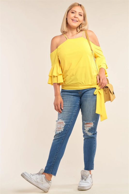 Junior Plus Size Yellow Sleeveless Off-The-Shoulder Layered Angel Sleeve Self-Tie Hem Top - Tasha Apparel Wholesale
