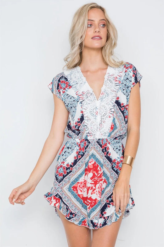 Navy Red Floral Print Ruffle Hem Mini Dress /1-3-2-1 - Tasha Apparel Wholesale
