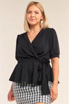 Plus Size Black Puff Sleeve Pleated Wrap Top - Tasha Apparel Wholesale