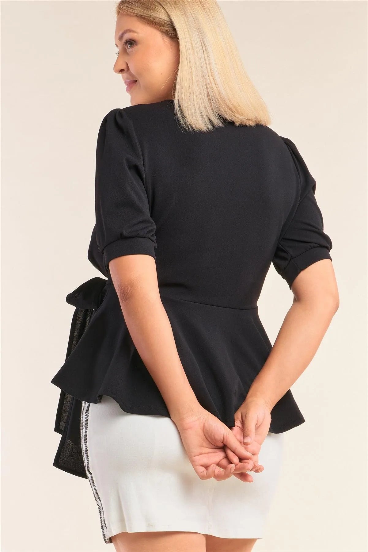 Plus Size Black Puff Sleeve Pleated Wrap Top - Tasha Apparel Wholesale