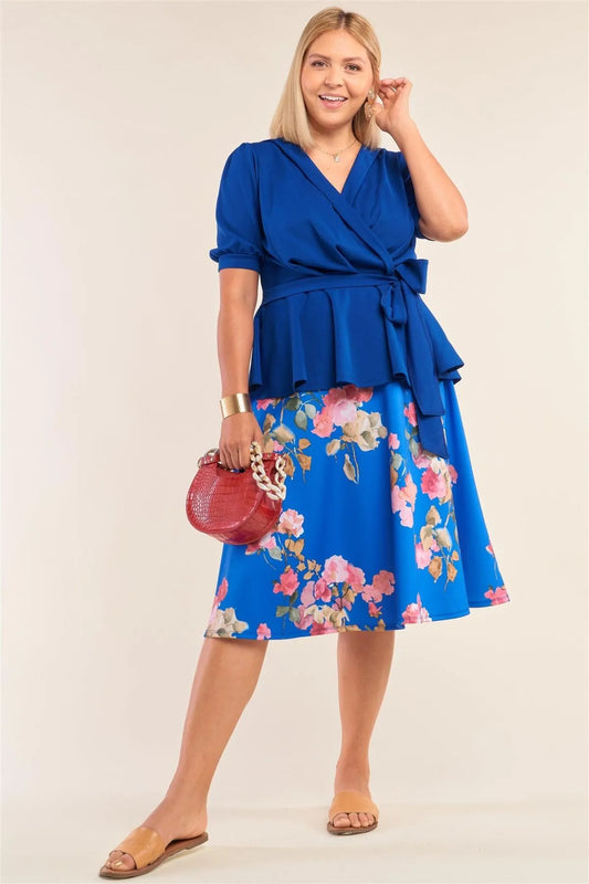 Plus Size Blue Puff Sleeve Pleated Wrap Top - Tasha Apparel Wholesale