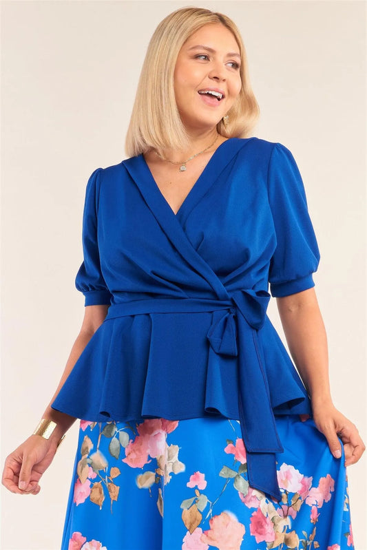 Plus Size Blue Puff Sleeve Pleated Wrap Top /2-2-2 - Tasha Apparel Wholesale
