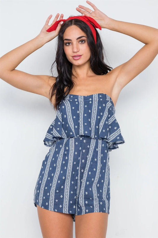 Navy Bandana Print Strapless Flounce Romper /1-3-2-1 - Tasha Apparel Wholesale