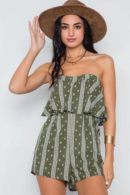 Olive Bandana Print Strapless Flounce Romper /1-3-2-1 - Tasha Apparel Wholesale