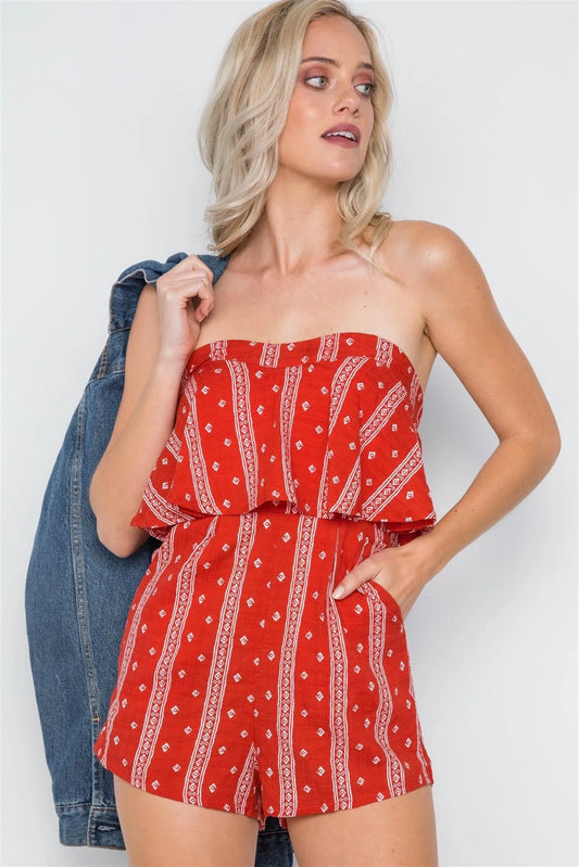 Red Bandana Print Strapless Flounce Romper /3-3-1 - Tasha Apparel Wholesale