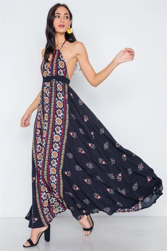Navy Mustard Halter Neck Multi Print Maxi Dress /3-1-1 - Tasha Apparel Wholesale