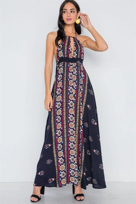 Navy Mustard Halter Neck Multi Print Maxi Dress /1-3-2-1 - Tasha Apparel Wholesale