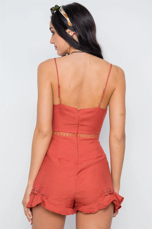 Rust Crochet Trim Lace Up Ruffle Cami Romper /1-3-2-1 - Tasha Apparel Wholesale