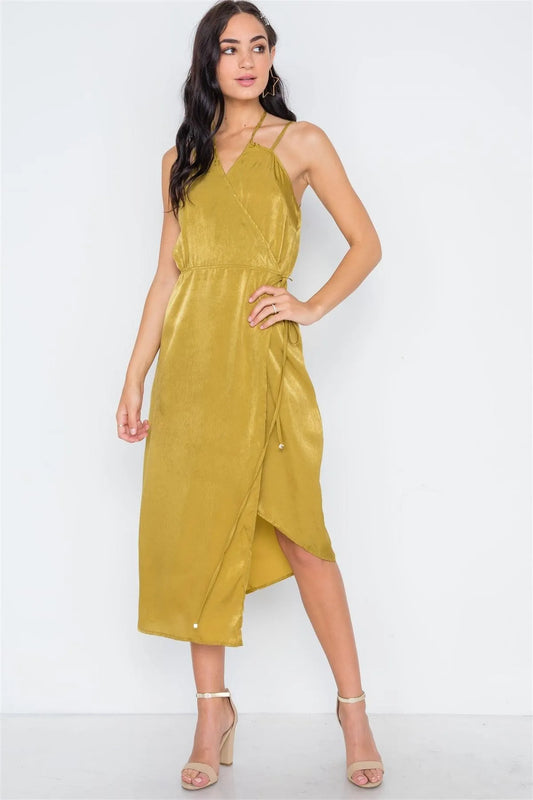Mustard Asymmetrical Hem Cami Wrap Dress /1-3-2-1 - Tasha Apparel Wholesale