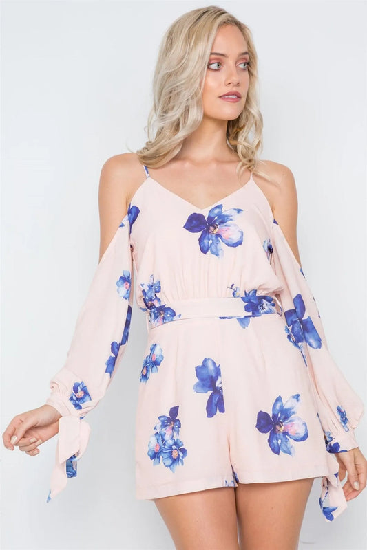 Mocha Blue Floral Print Cold Shoulder Long Sleeve Romper /1-3-2-1 - Tasha Apparel Wholesale
