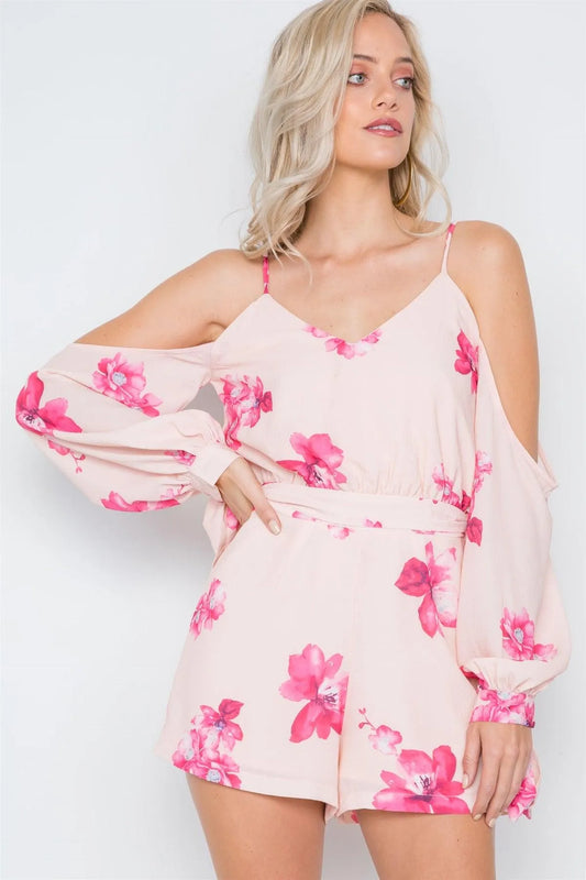 Mocha Pink Floral Print Colds Shoulder Long Sleeve Romper /1-3-2-1 - Tasha Apparel Wholesale