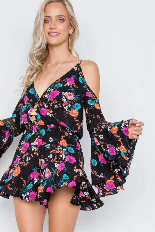 Black Floral Bell Sleeve Surplice Neck Romper /1-3-2-1 - Tasha Apparel Wholesale