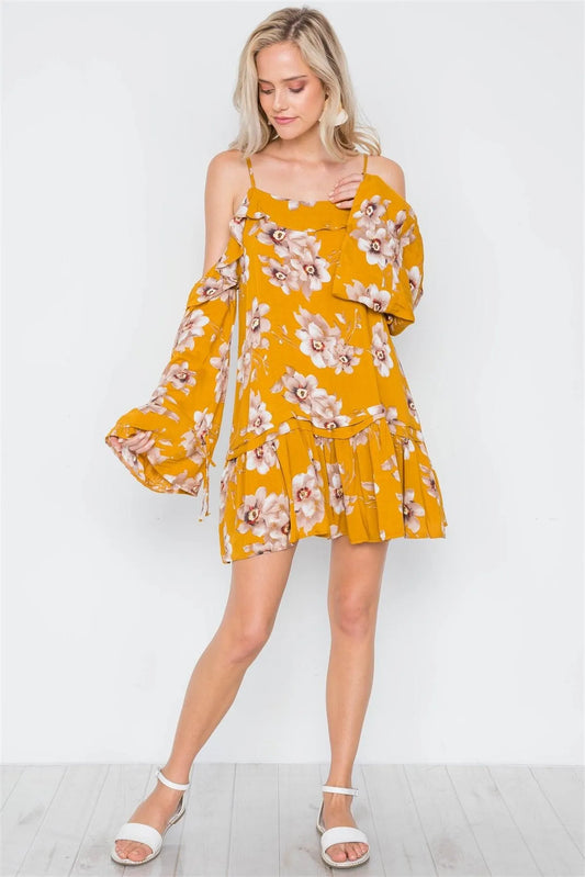 Mustard Cold Shoulder Bell Sleeve Flounce Mini Dress /2-2-1 - Tasha Apparel Wholesale