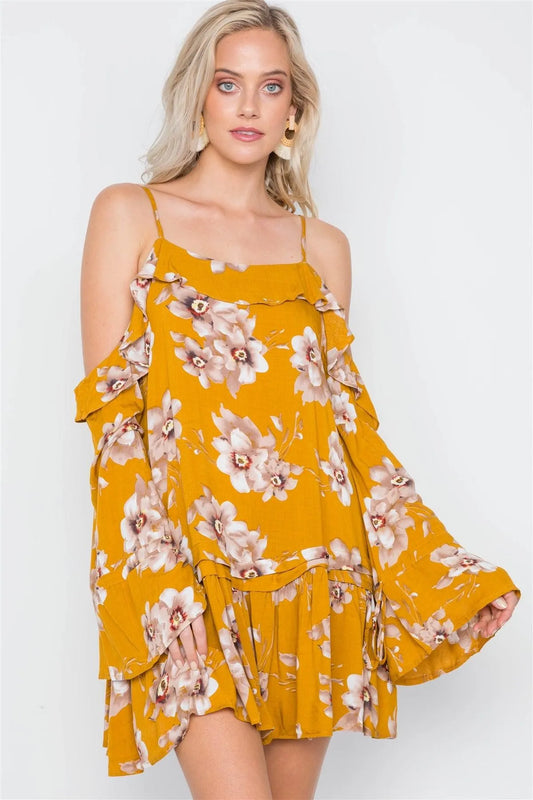 Mustard Cold Shoulder Bell Sleeve Flounce Mini Dress /1-3-2-1 - Tasha Apparel Wholesale