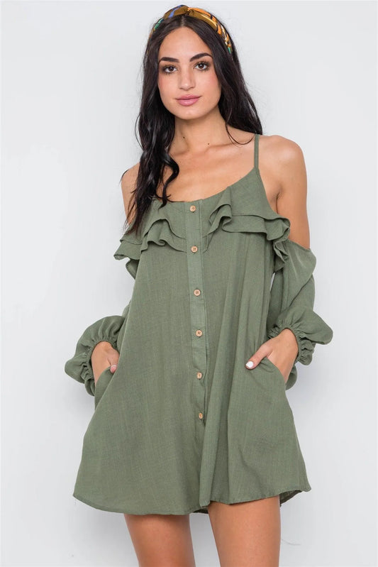 Khaki Olive Cold Shoulder Button Down Ruffle Mini Dress /1-3-2-1 - Tasha Apparel Wholesale