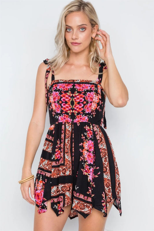 Black Smocked Self Tie Asymmetrical Hem Romper /1-3-2-1 - Tasha Apparel Wholesale