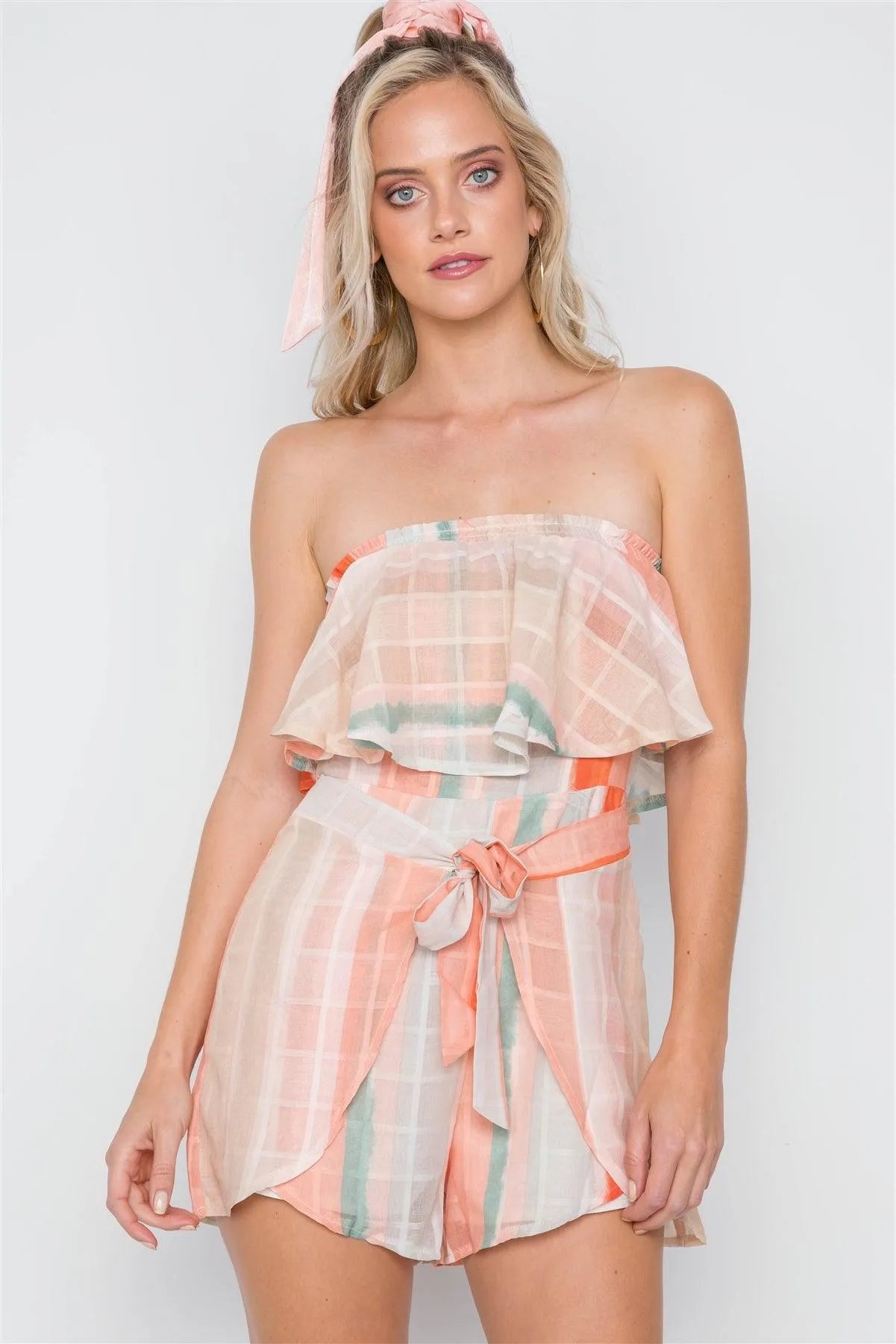 Multi Orange Check Pattern Self Tie Flounce Romper /1-3-2-1 - Tasha Apparel Wholesale