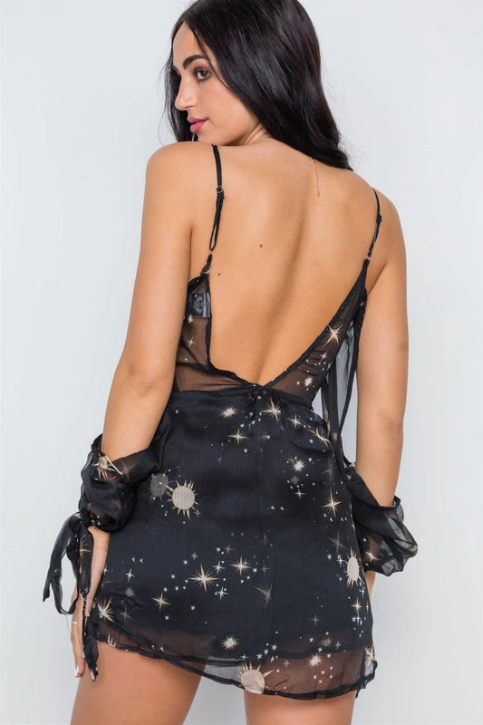 Black Star Dust Print Chiffon Cold Shoulder Romper /1-3-2-1 - Tasha Apparel Wholesale