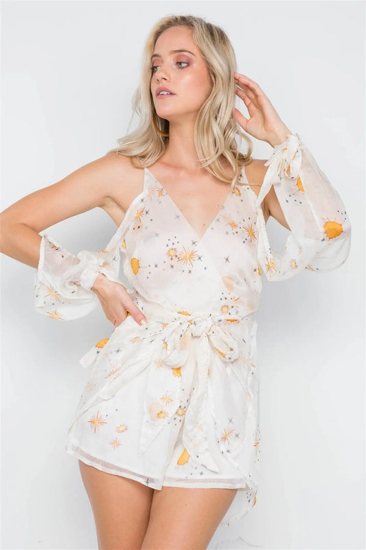 White Star Dust Print Chiffon Cold Shoulder Romper /1-3-2-1 - Tasha Apparel Wholesale