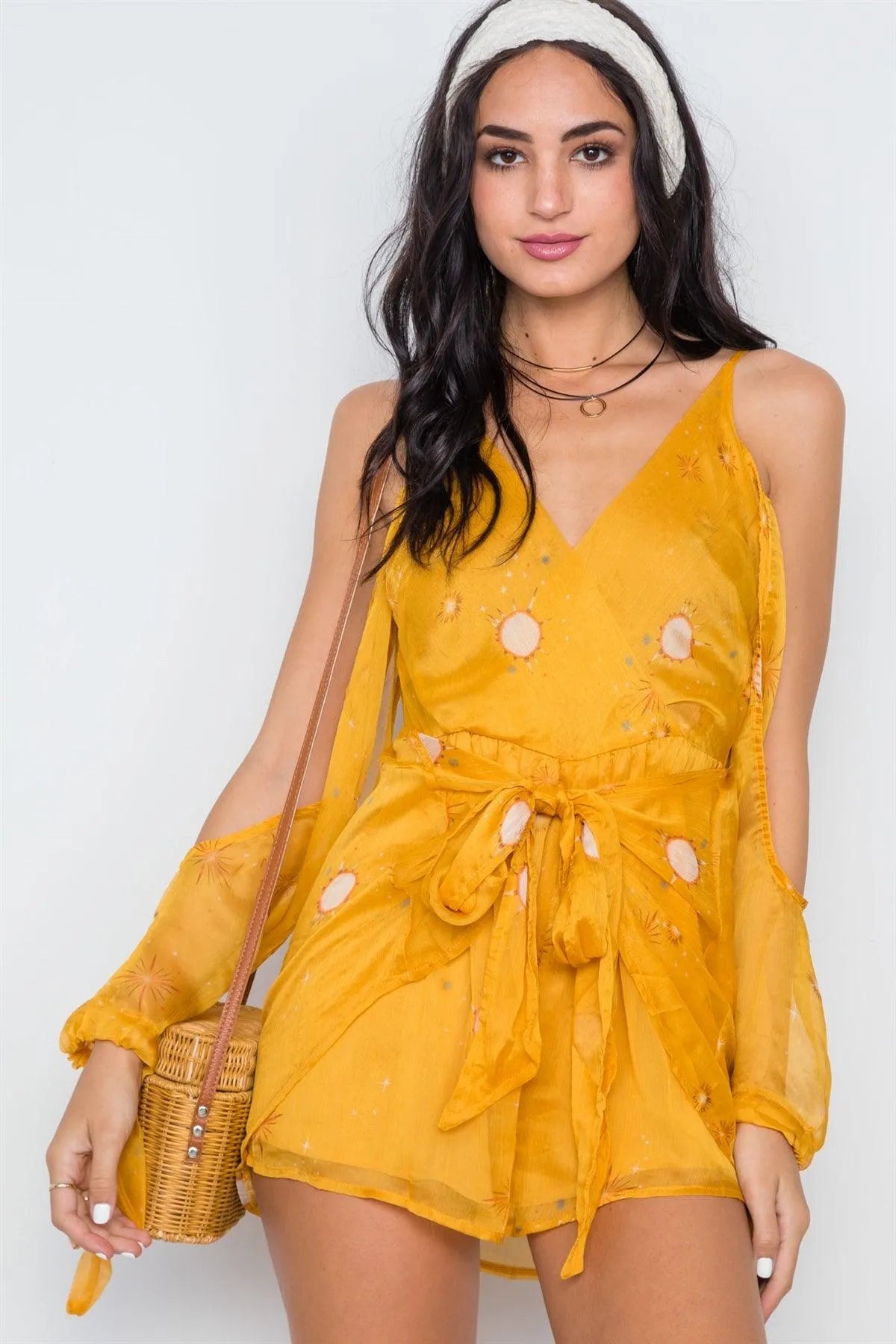 Yellow Star Dust Print Chiffon Cold Shoulder Romper /1-2-2-1 - Tasha Apparel Wholesale