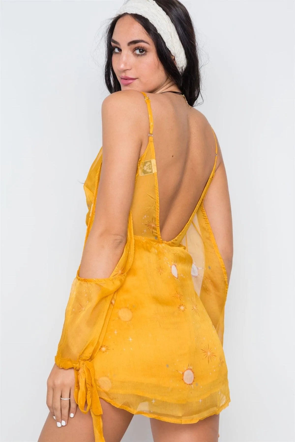 Yellow Star Dust Print Chiffon Cold Shoulder Romper /1-2-2-1 - Tasha Apparel Wholesale