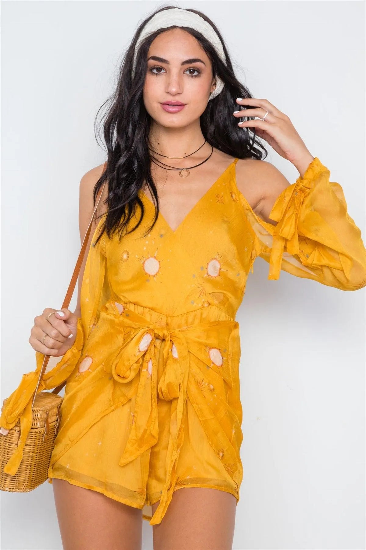 Yellow Star Dust Print Chiffon Cold Shoulder Romper /1-2-2-1 - Tasha Apparel Wholesale