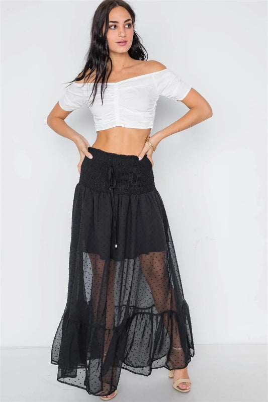 Black Smocked High-Waist Sheer Maxi Skirt /2-2-1 - Tasha Apparel Wholesale