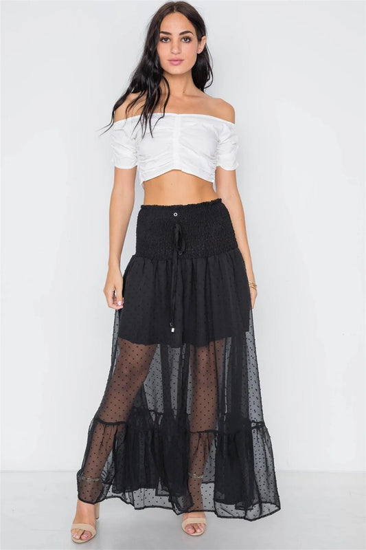 Black Smocked High-Waist Sheer Maxi Skirt /1-3-2-1 - Tasha Apparel Wholesale