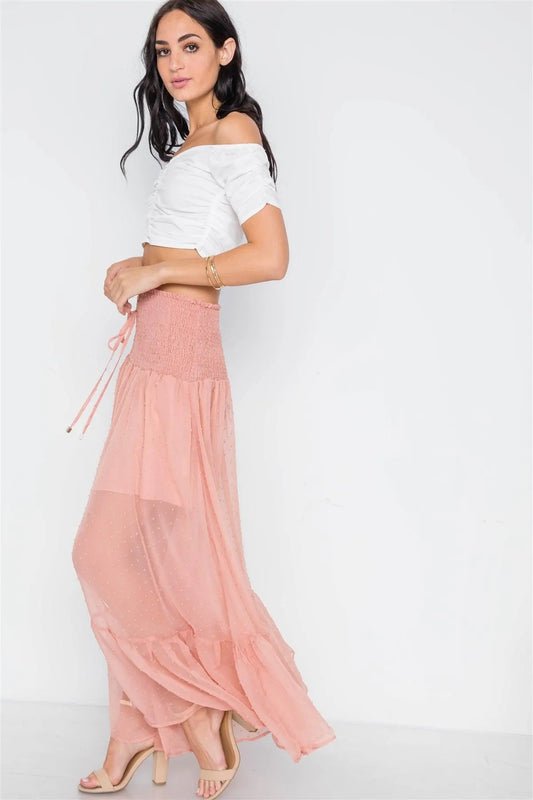 Nude Smocked High-Waist Sheer Maxi Skirt /1-2-2-1 - Tasha Apparel Wholesale