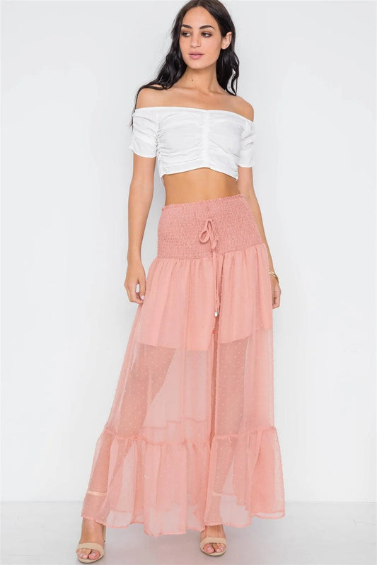 Nude Smocked High-Waist Sheer Maxi Skirt /1-3-2-1 - Tasha Apparel Wholesale