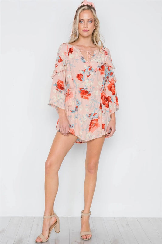 Pink Floral Print Bell Sleeves Ruffle Tunic Dress /1-2-1-1 - Tasha Apparel Wholesale