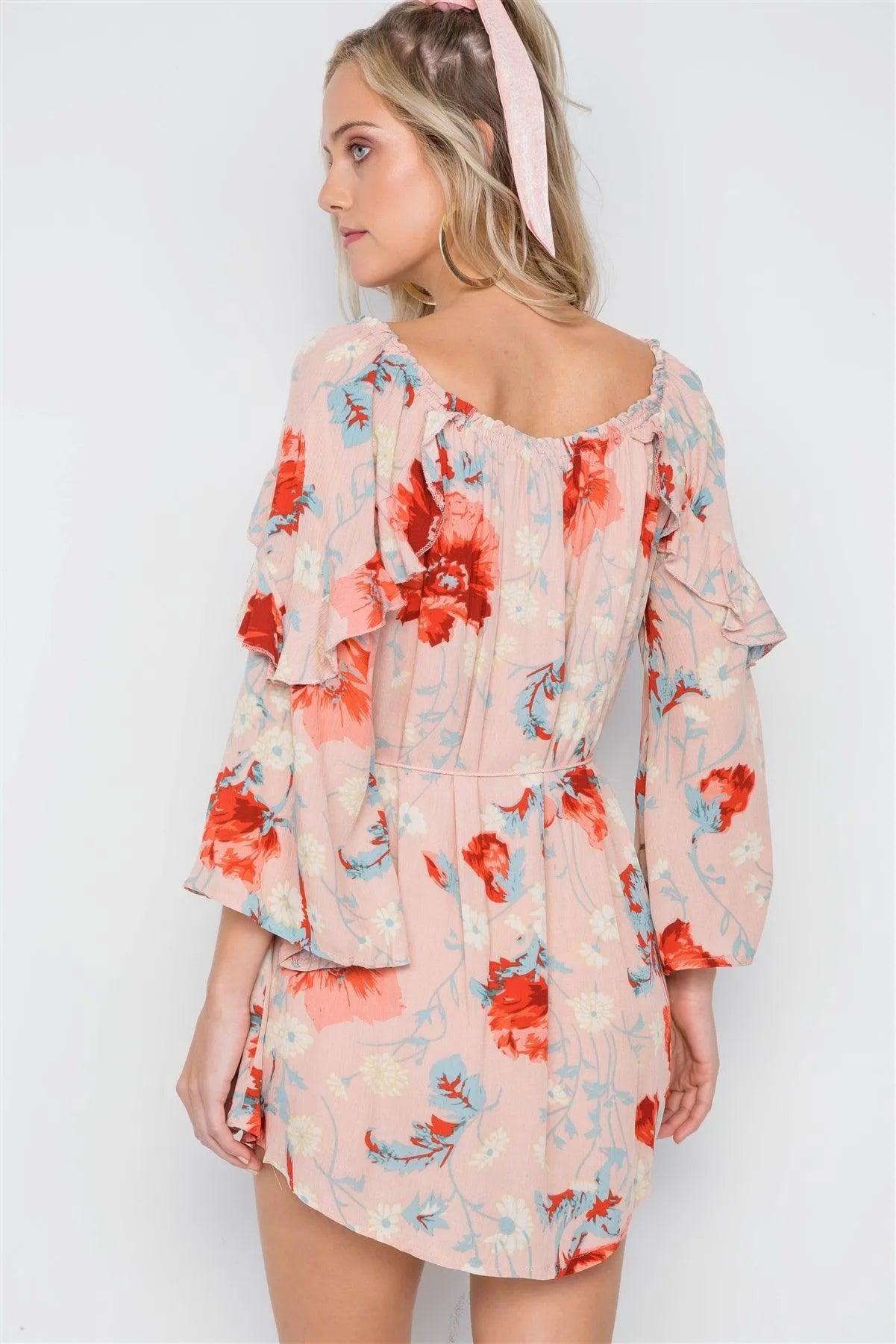 Pink Floral Print Bell Sleeves Ruffle Tunic Dress /1-2-1-1 - Tasha Apparel Wholesale