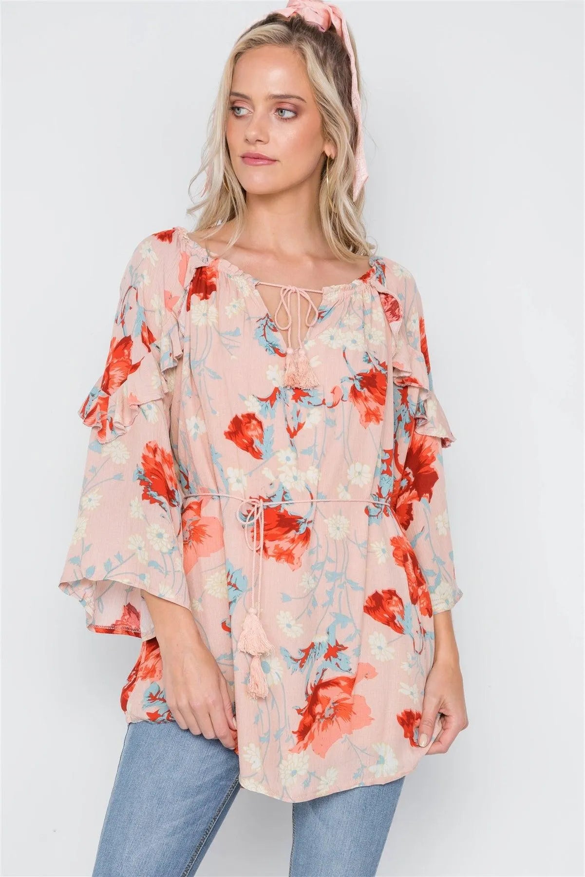Pink Floral Print Bell Sleeves Ruffle Tunic Dress /1-2-1-1 - Tasha Apparel Wholesale