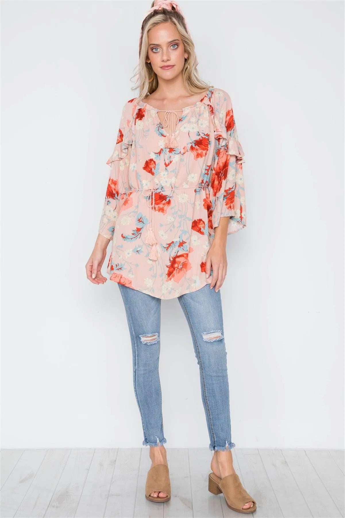 Pink Floral Print Bell Sleeves Ruffle Tunic Dress /1-2-1-1 - Tasha Apparel Wholesale