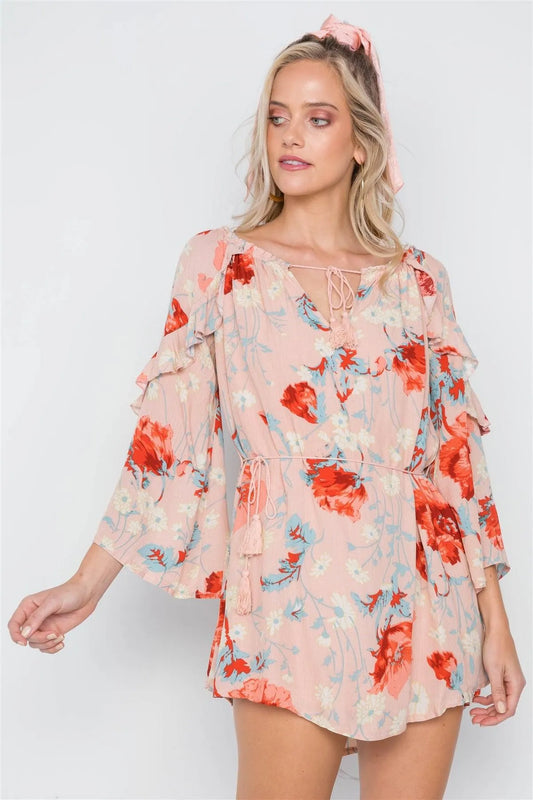 Pink Floral Print Bell Sleeves Ruffle Tunic Dress /1-3-2-1 - Tasha Apparel Wholesale
