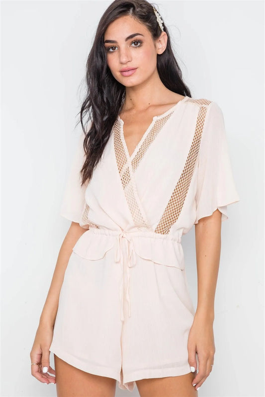 Beige Surplice Net Neckline Short Sleeve Romper /1-3-2-1 - Tasha Apparel Wholesale