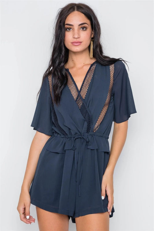 Navy Surplice Net Neckline Short Sleeve Romper /1-3-2-1 - Tasha Apparel Wholesale