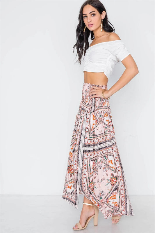 Pink Multi Print Smocked Waist Front Slit Maxi Skirt /1-3-2-1 - Tasha Apparel Wholesale