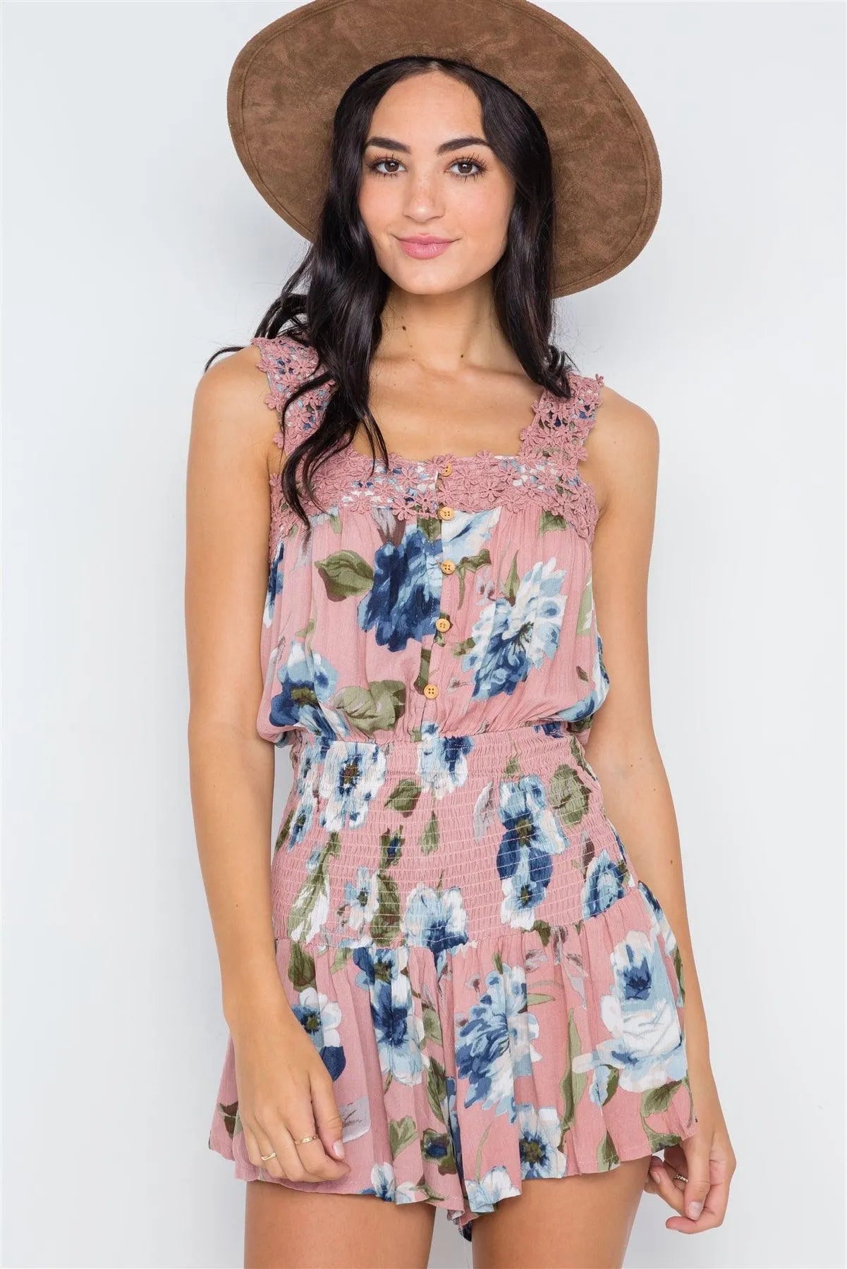 Dusty Pink Floral Smocked Crochet Romper /1-3-2-1 - Tasha Apparel Wholesale