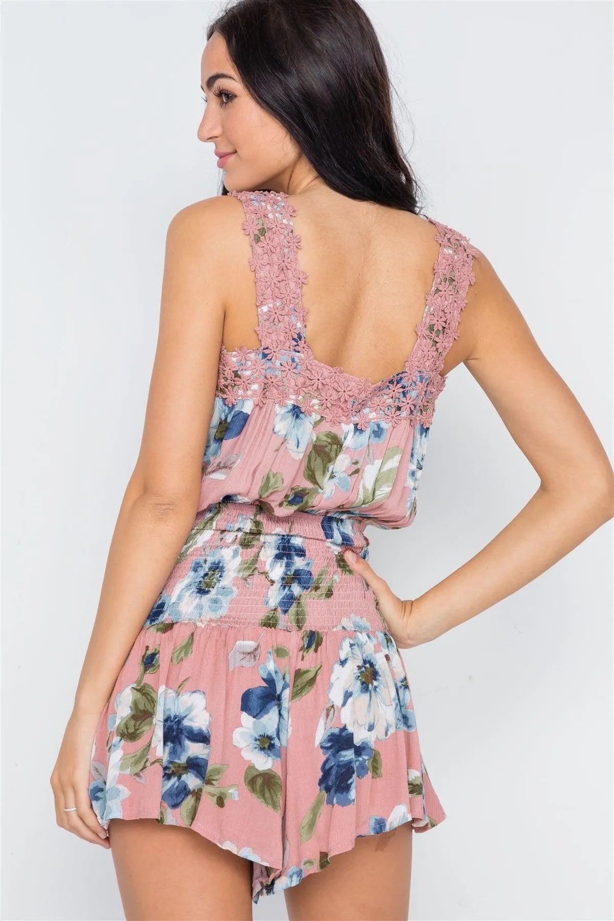 Dusty Pink Floral Smocked Crochet Romper /1-3-2-1 - Tasha Apparel Wholesale