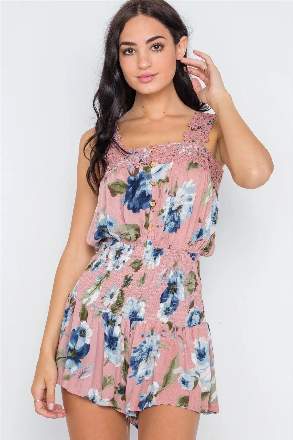 Dusty Pink Floral Smocked Crochet Romper /1-3-2-1 - Tasha Apparel Wholesale